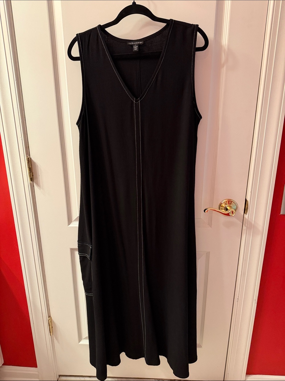 Tribal Black Sleeveless V-Neck Maxi Dress with Contrast Stitching